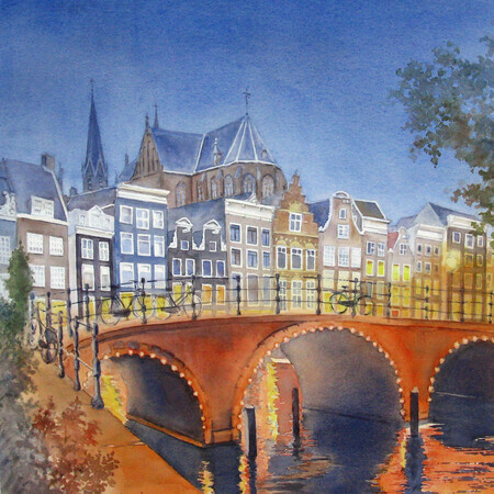 Amsterdam by Night - watercolour